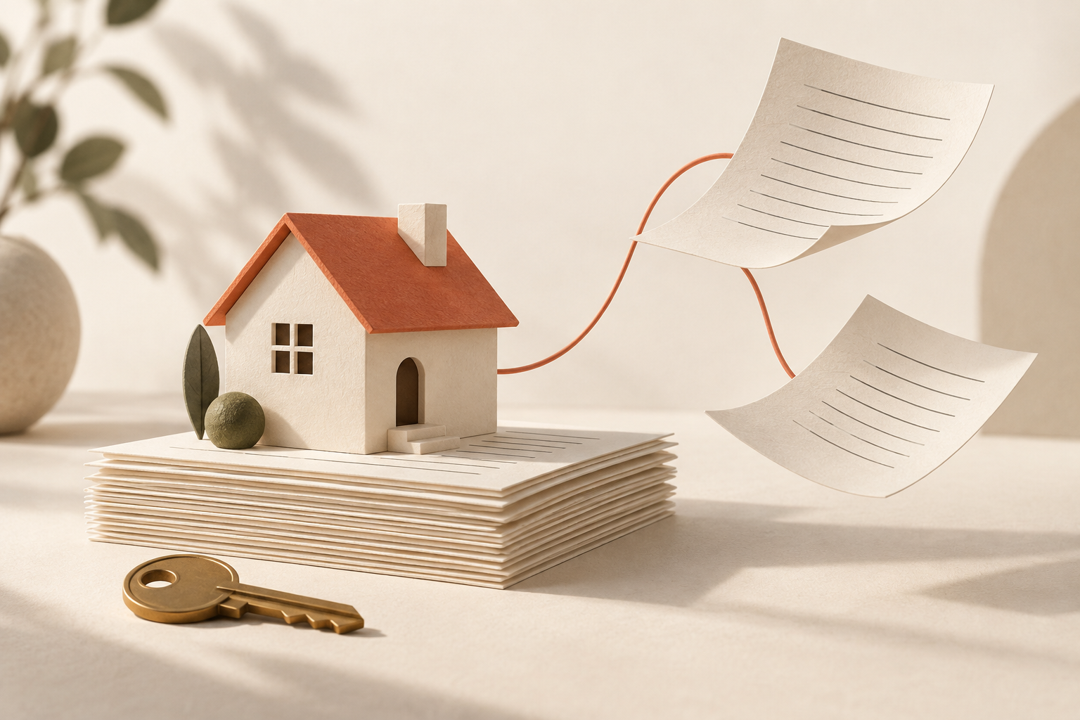 A coral-roofed home on a stack of paper, connected to floating pages, with a brass key.